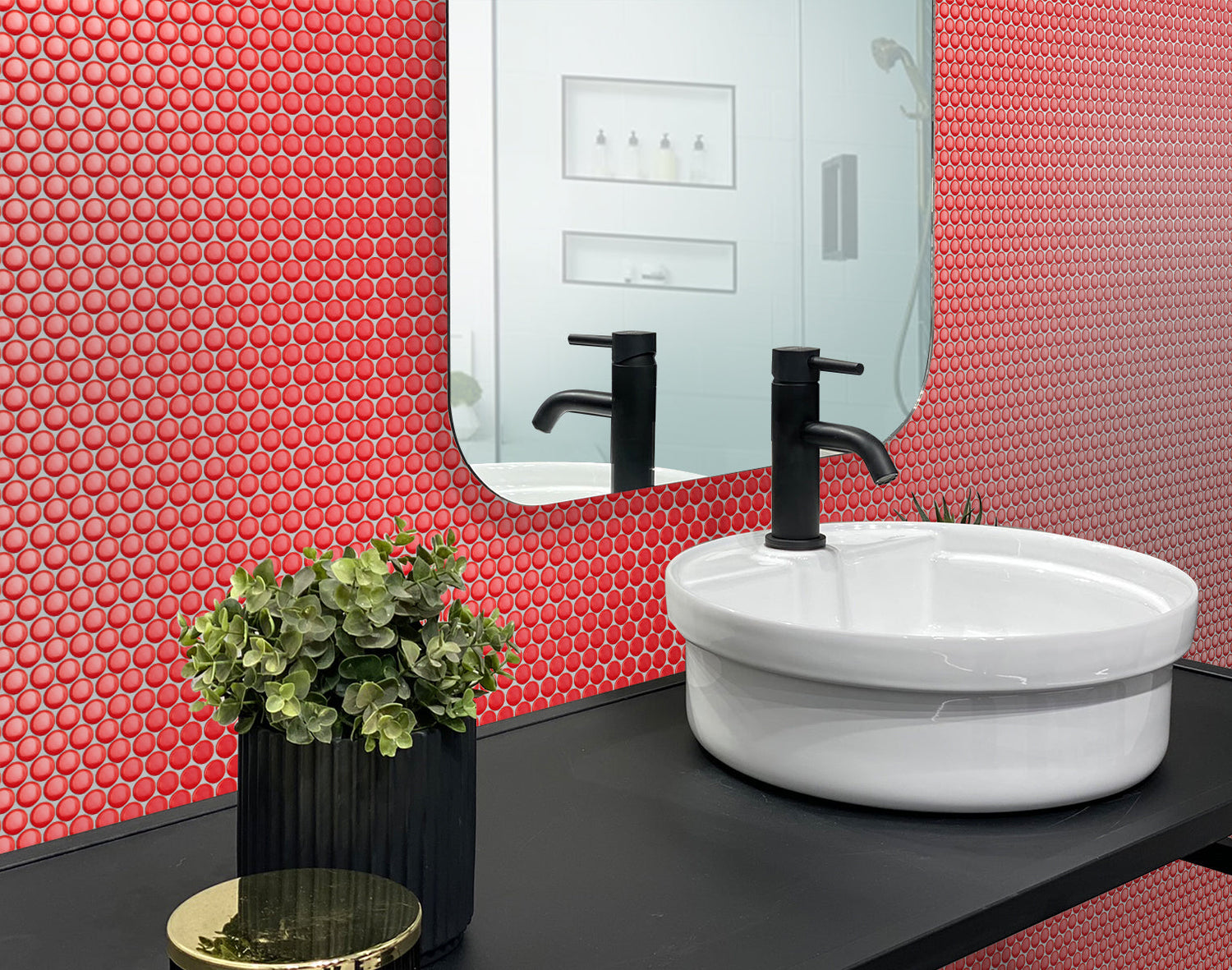 Red 12x12 Glossy Penny Round Porcelain Mosaic Tile (10 pack, 9.87 sq ft/case) - Sample
