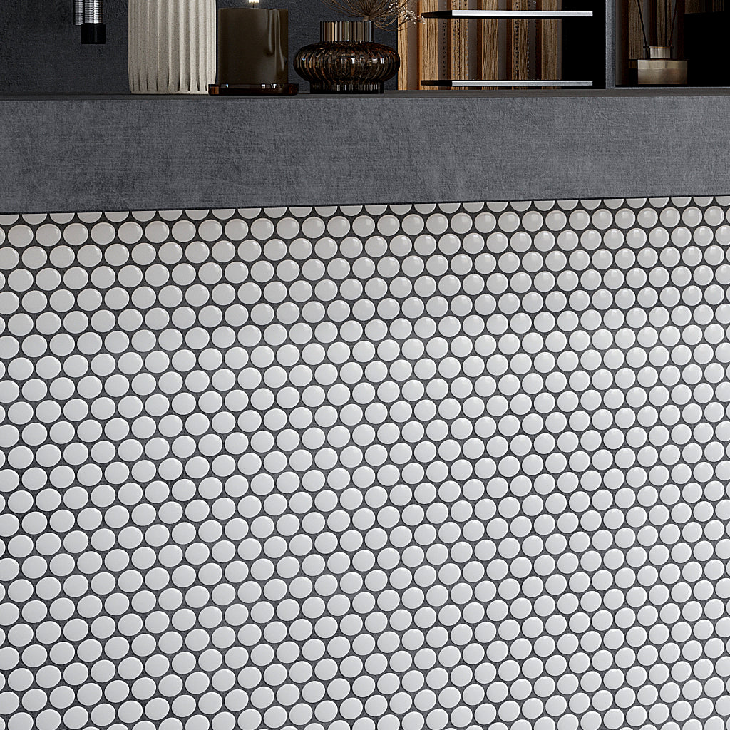 Cotton White 12x12 Glossy Penny Round Porcelain Mosaic Tile (10 pack, 9.87 sq ft/case)
