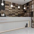 Pearl white matte penny round porcelain mosaic tile on reception desk wall and front panels