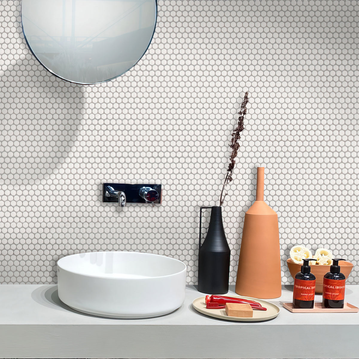 Pearl White 12x12 Matte Penny Round Porcelain Mosaic Tile (10 pack, 9.87 sq ft/case) - Sample