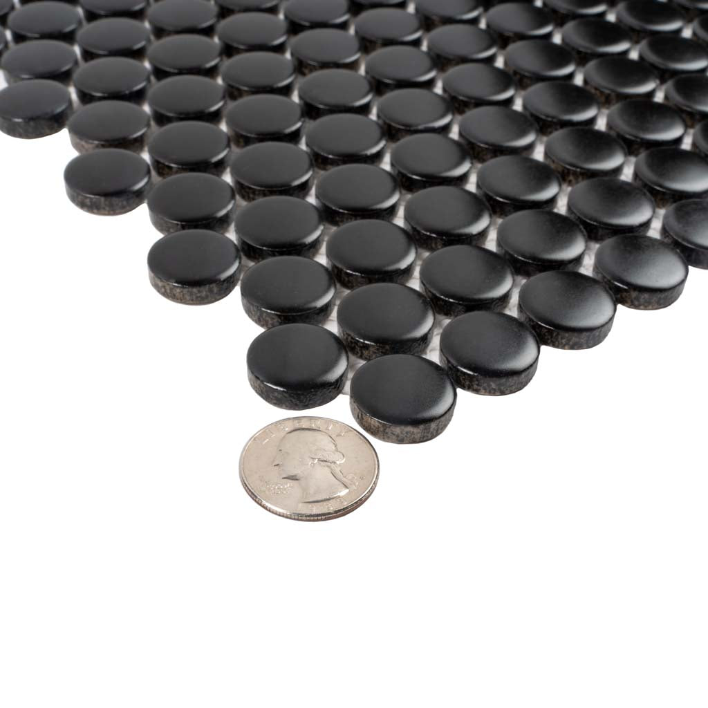 Black 12x12 Glossy Penny Round Porcelain Mosaic Tile (10 pack, 9.87 sq ft/case) - Sample