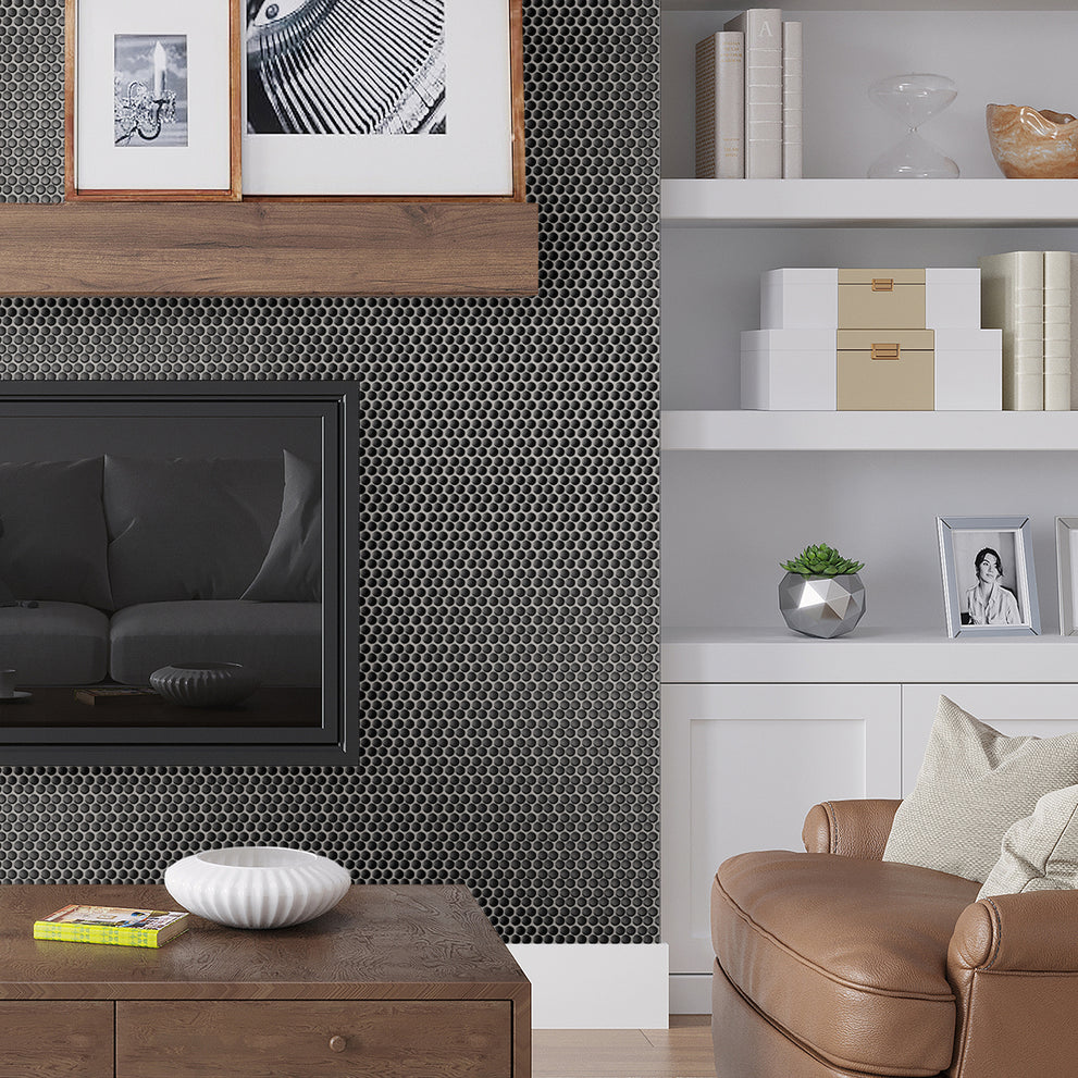 Modern black tile fireplace in a black glossy penny round porcelain mosaic tile