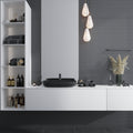Black glossy penny round porcelain mosaic tile on bathroom wall and backsplash