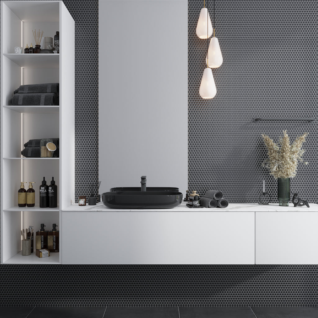 Black 12x12 Glossy Penny Round Porcelain Mosaic Tile (10 pack, 9.87 sq ft/case) - Sample