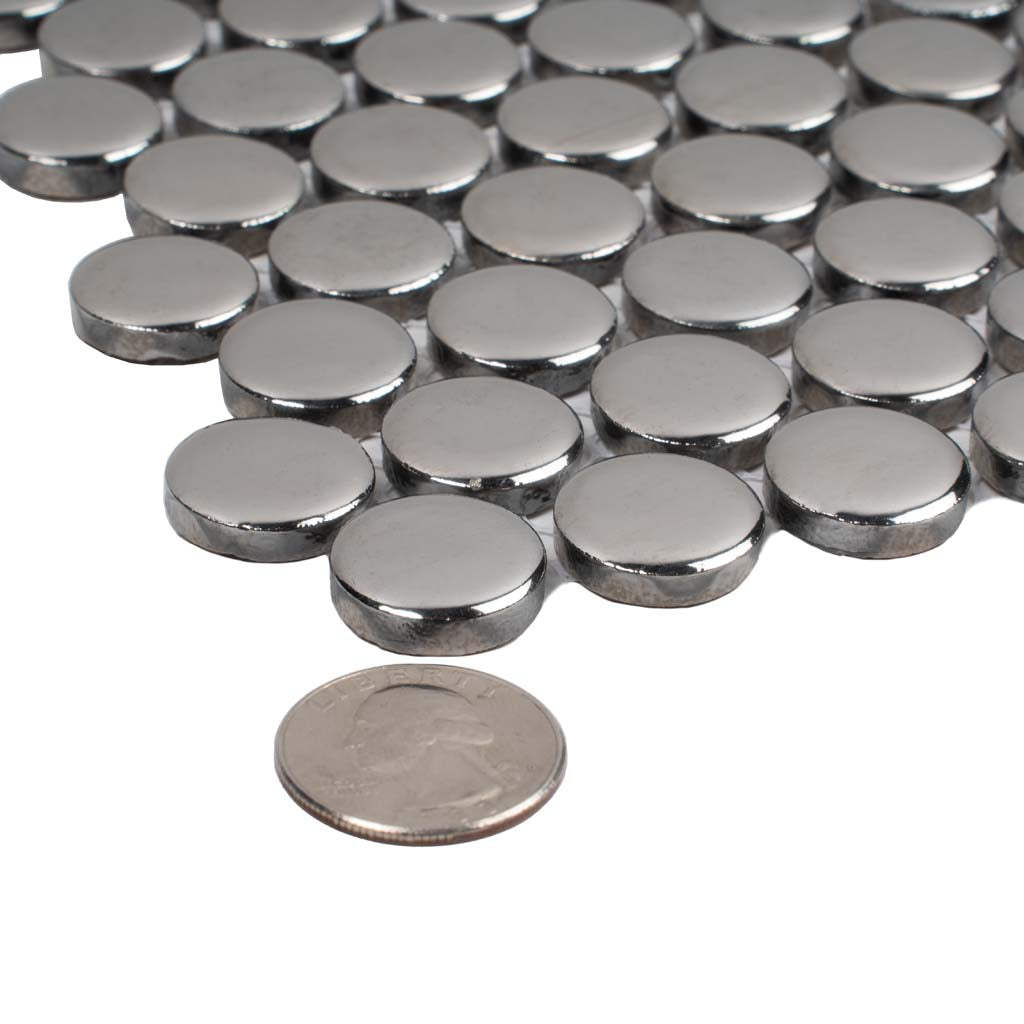 Metallic Silver 12x12 Glossy Penny Round Porcelain Mosaic Tile (10 pack, 9.87 sq ft/case) - Sample