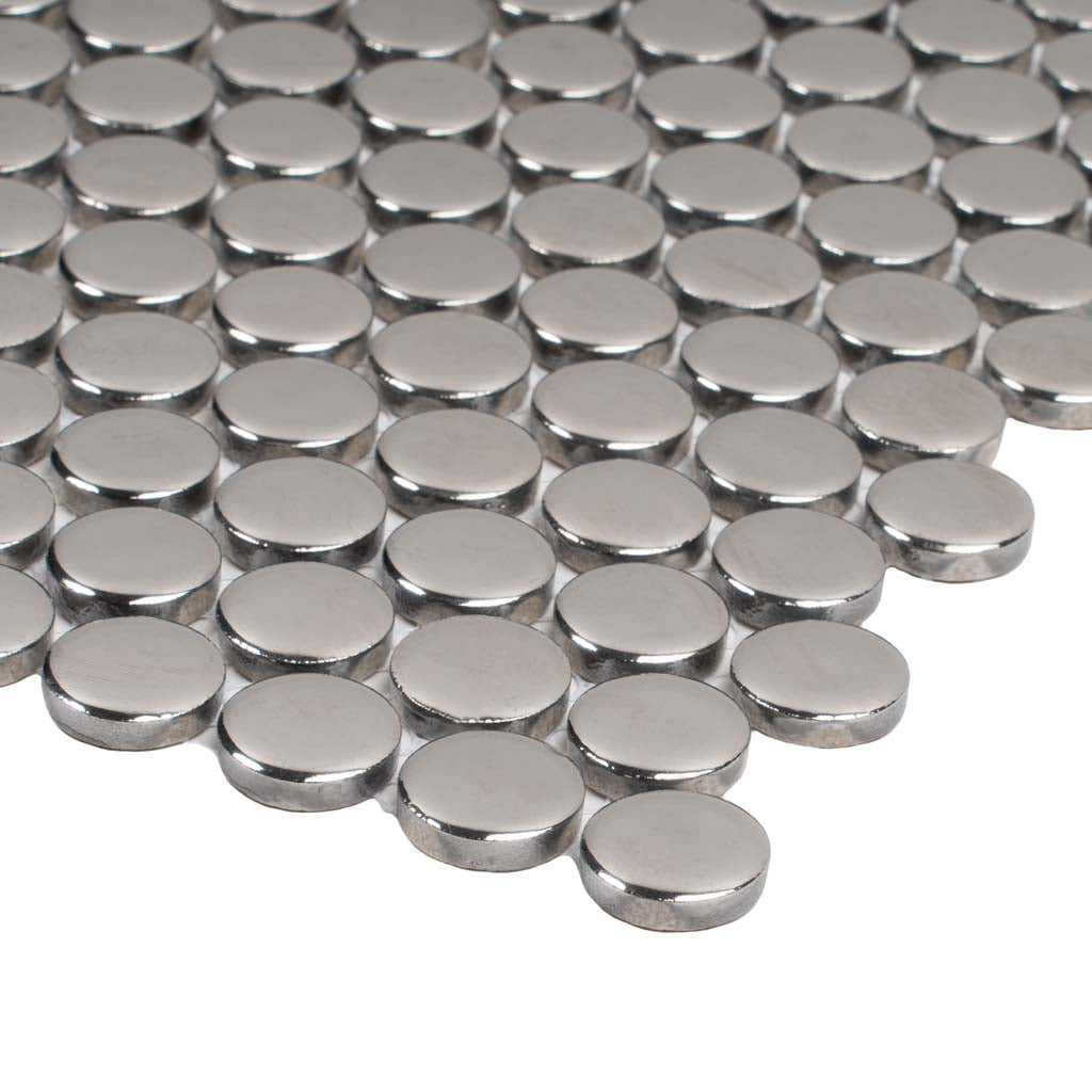 Metallic Silver 12x12 Glossy Penny Round Porcelain Mosaic Tile (10 pack, 9.87 sq ft/case) - Sample