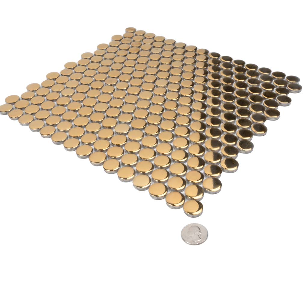 Gold 12x12 Glossy Penny Round Porcelain Mosaic Tile (10 pack, 9.87 sq ft/case) - Sample