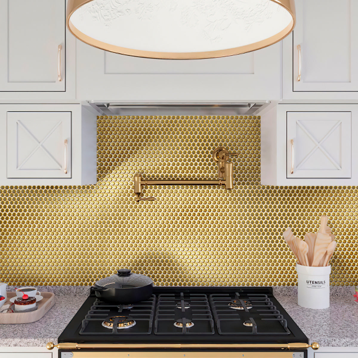 Gold 12x12 Glossy Penny Round Porcelain Mosaic Tile (10 pack, 9.87 sq ft/case) - Sample