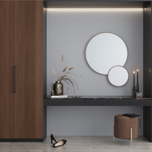 Sample-Ivory Beige 12x12 Glossy Penny Round Porcelain Mosaic Tile (10 pack, 9.87 sq ft/case)