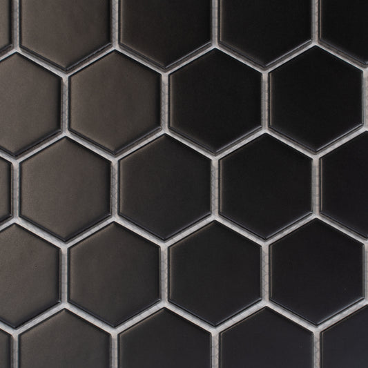 Cirkel Hex 10.7 in. x 11.1 in. Matte Black Porcelain Mosaic Wall and Floor Tile (8.25 sq ft/case) - 10 pack