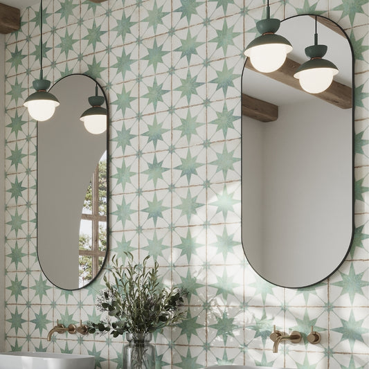 white dusty sage green 8x8 matte square porcelain tile with star motif pattern