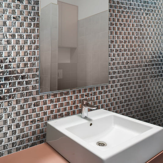 Sample-Silver 12x12 Glossy Square Glass Mosaic Tile (5 pack, 4.83 sq ft/case)