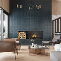 Textured deep blue ceramic rectangle wall tiles 18x48 inches installed on living room wall