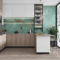 Viridian green 18x48 matte ceramic large format tile on kitchen backsplash 