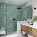 Viridian green large format ceramic textured tile in 18x48 size on shower walls