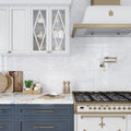 Pearl white rectangular ceramic textured wall tile backsplash in kitchen setting
