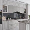 Black glossy ceramic picket tile backsplash with elongated hexagon shape in kitchen wall application