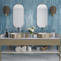 Teal blue glossy ceramic picket wall tile 2x10 inch installed in bathroom setting