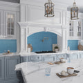 Teal blue ceramic 2x10 matte picket tile backsplash in kitchen wall installation