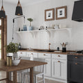 Pearl white glossy ceramic picket tile backsplash in kitchen, 2x10 inches