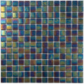 Glossy black iridescent small square glass mosaic tiles with shimmering blue and gold hues