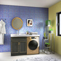 Royal blue 12x12 glossy glass square mosaic tile wall installation in bathroom setting