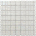 Glossy white 12x12 inch square glass mosaic tile sheet with uniform squares and subtle iridescent finish
