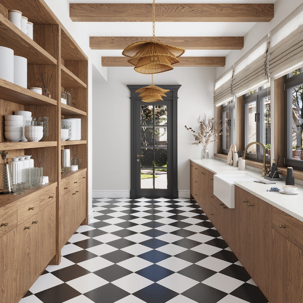 Matte deep charcoal square porcelain floor tile in a large format