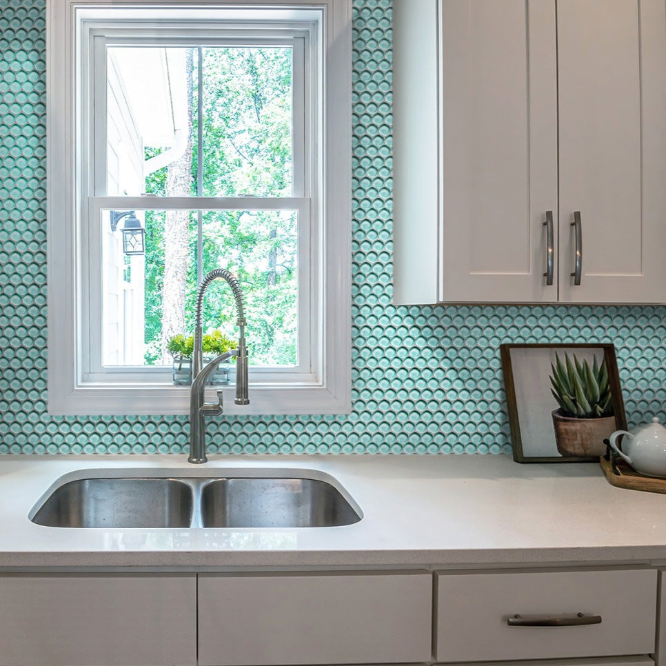 Sky Blue 12x12 Glossy Penny Round Glass Mosaic Tile (5 pack, 5 sq ft/case) - Sample