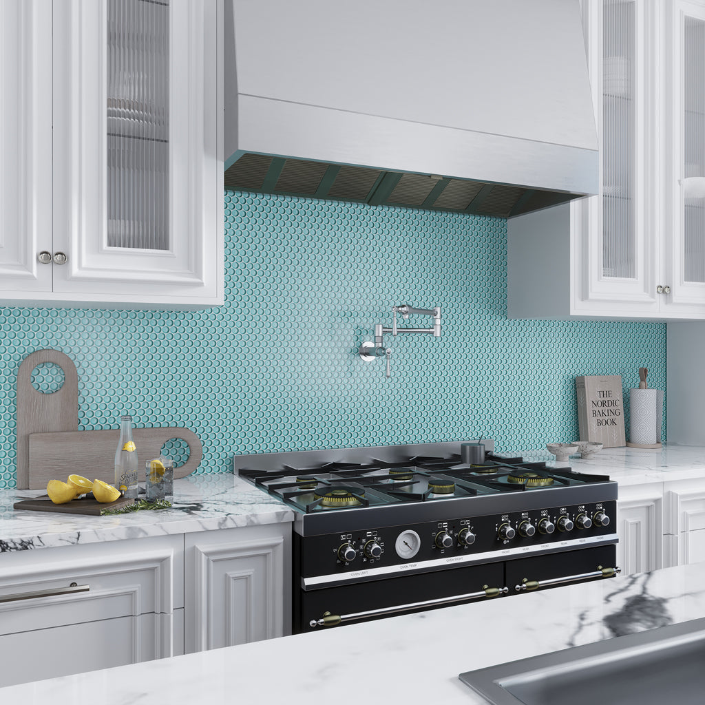 Sky Blue 12x12 Glossy Penny Round Glass Mosaic Tile (5 pack, 5 sq ft/case) - Sample
