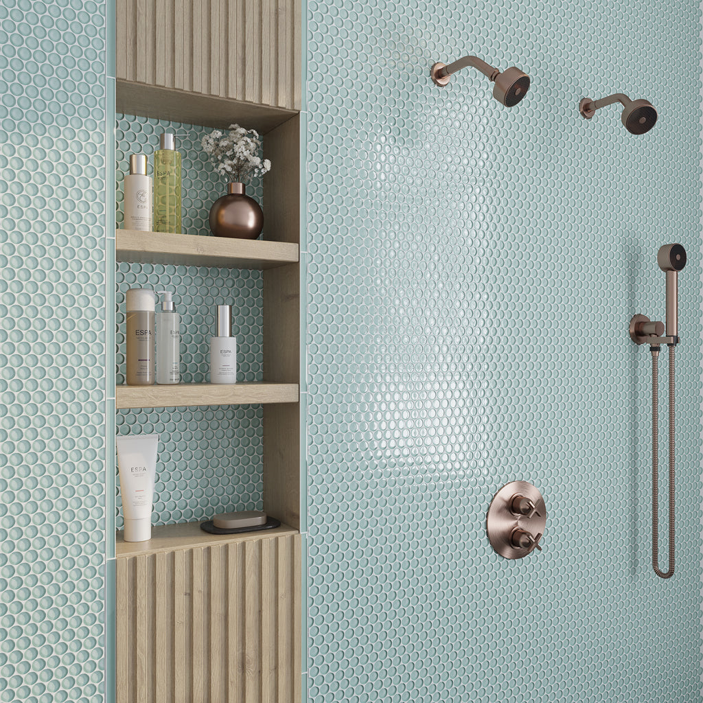 5 pack Blizzard Blue 12-in x 12-in Penny Round Polished Glass Mosaic Tile (5 Sq ft/Case) - Sample