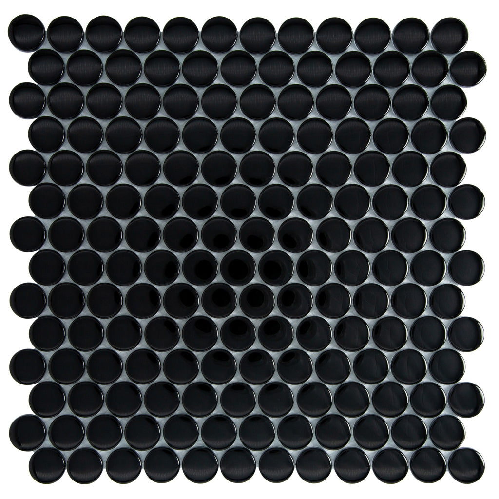 Black 12x12 Glossy Penny Round Glass Mosaic Tile (5 pack, 5 sq ft/case) - Sample