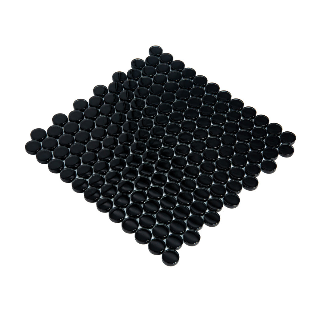 Black 12x12 Glossy Penny Round Glass Mosaic Tile (5 pack, 5 sq ft/case) - Sample