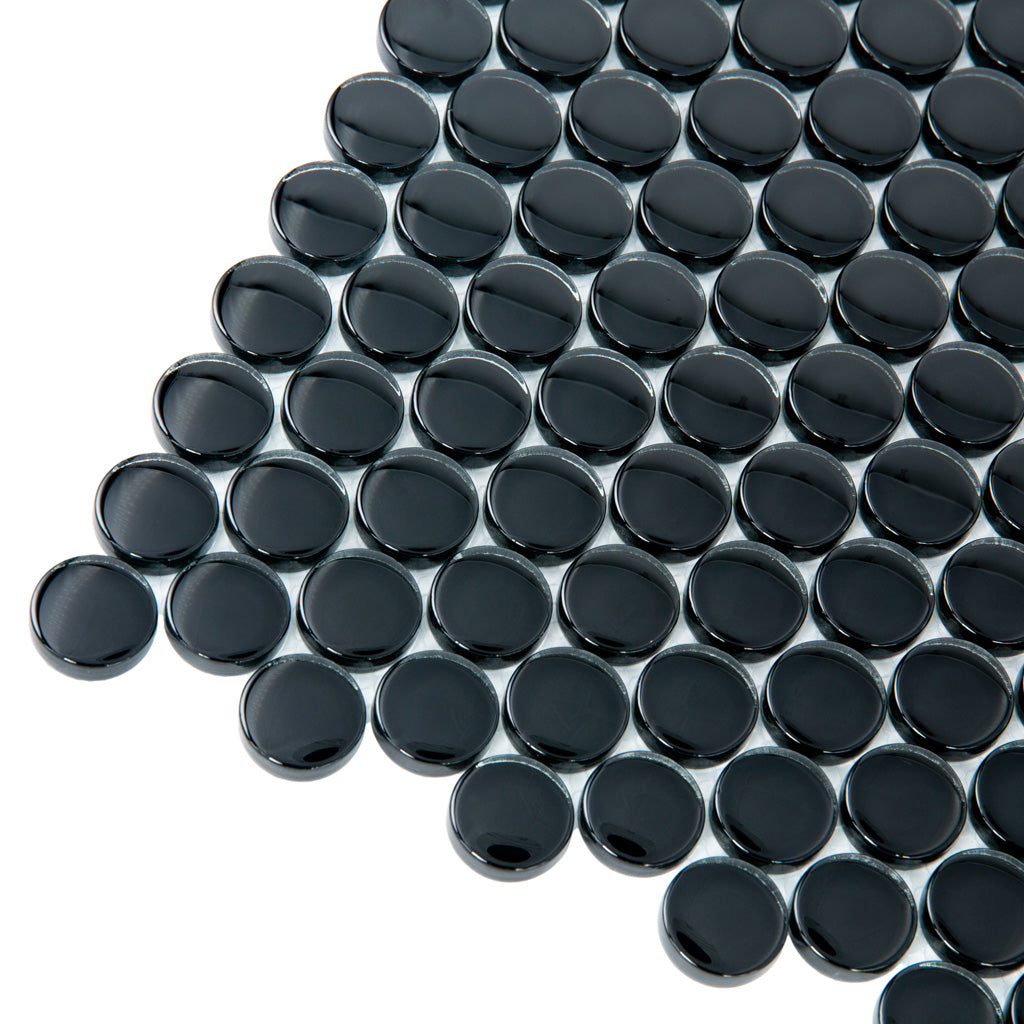 Black 12x12 Glossy Penny Round Glass Mosaic Tile (5 pack, 5 sq ft/case) - Sample