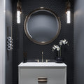 Black glossy glass penny round mosaic tile backsplash in bathroom wall design