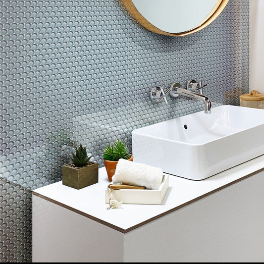 Gray 12x12 Glossy Penny Round Glass Mosaic Tile (5 pack, 5 sq ft/case) - Sample