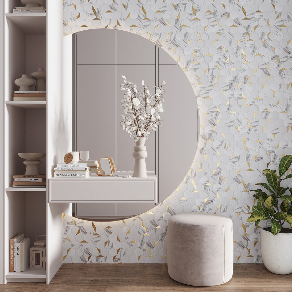 Honed peel and stick tile in a white marble-look and gold metal-look finish