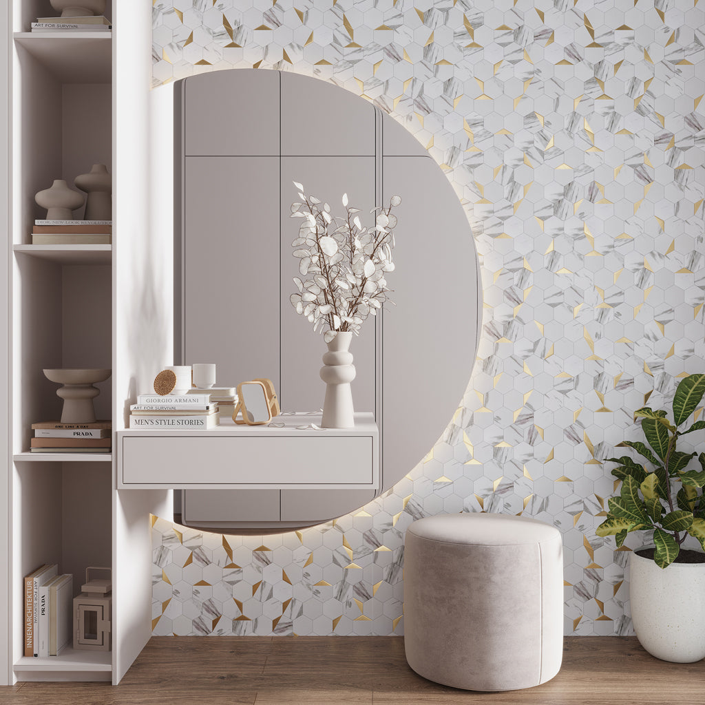 White Gold 12x12 Honed Hexagon PVC Peel & Stick Tile for Walls