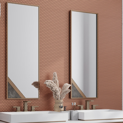copper gold matte penny round porcelain mosaic tile wall with warm metallic finish