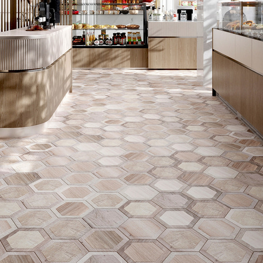 light brown matte hexagon porcelain tile flooring with subtle wood grain texture