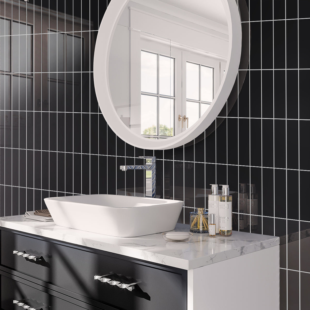 Black 2x8 Glossy Ceramic Subway Tile (50 pack, 5.38 sq ft/case) - Sample