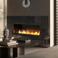 Black glossy ceramic pencil tile trim 0.5x8 inches installed on fireplace surround wall
