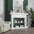 Green glossy ceramic subway tile 2x8 applied on interior wall around fireplace and shelf