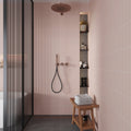 Pink 2x8 matte ceramic subway tile on bathroom shower wall