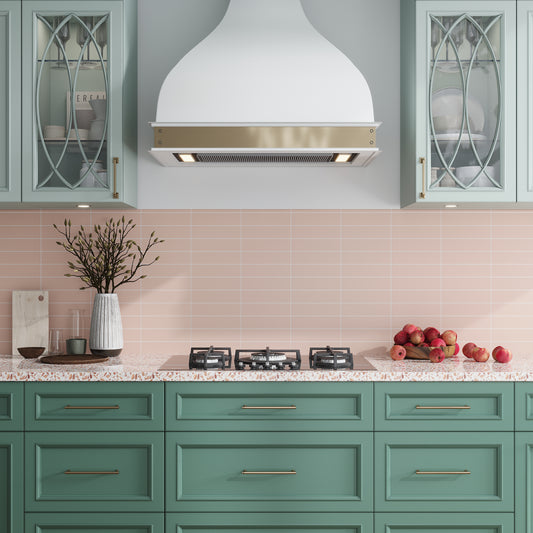 Pink 2x8 matte ceramic subway tile backsplash in kitchen wall setting