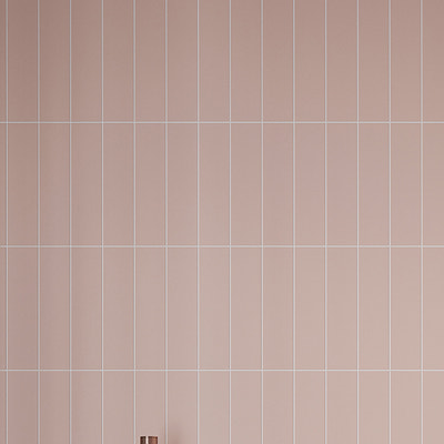 matte pink 2x8 ceramic subway wall tile with vertical alignment and light grout