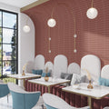 Matte red ceramic subway tile 2x8 as kitchen wall and ceiling backsplash