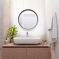 White matte ceramic 2x8 ribbed subway tile on bathroom wall