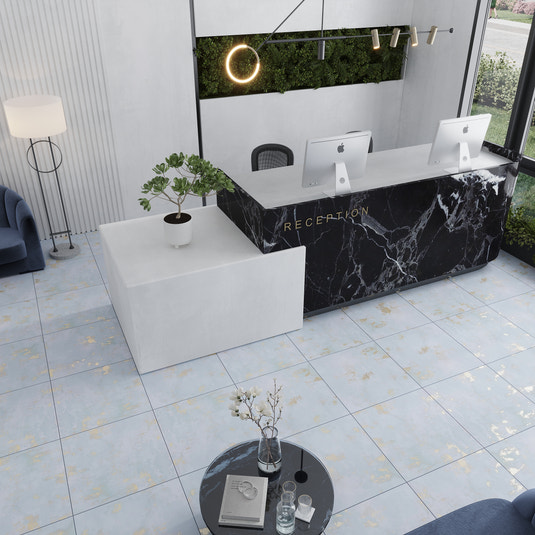 Light blue natural porcelain square floor tile 24x24 inches with subtle gold accents in a glossy finish