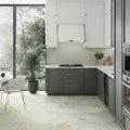 Moss green natural porcelain 24x24 square tiles with golden patches on kitchen floor and backsplash